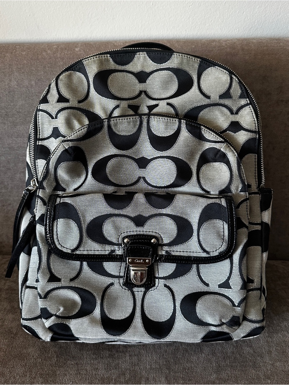 COACH Y2K Black Silver Signature C Monogram Backpack Front Buckle Pocket Large